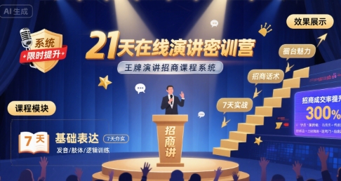 21天在线演讲密训营,王牌演讲招商课程系统-富爸爸项目圈