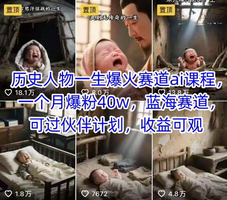 历史人物一生爆火赛道ai课程,一个月爆粉40w,蓝海赛道,可过伙伴计划,收益可观-富爸爸项目圈
