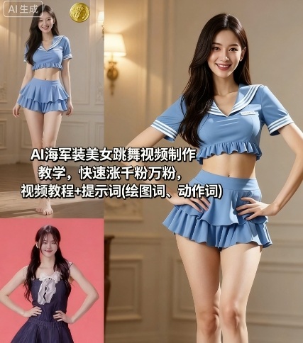 AI海军装美女跳舞视频制作教学,快速涨千粉万粉,视频教程+提示词(绘图词、动作词)-富爸爸项目圈
