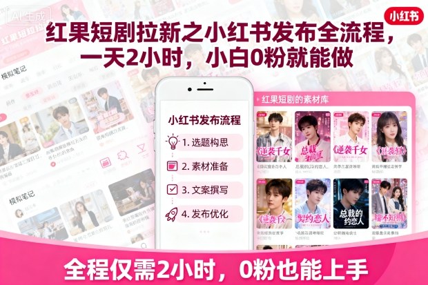 红果短剧拉新之小红书发布全流程,一天2小时,小白0粉就能做-富爸爸项目圈