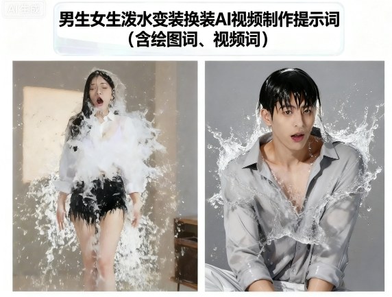 男生女生泼水变装换装AI视频制作提示词(含绘图词、视频词)-富爸爸项目圈
