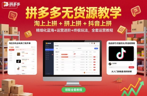 拼多多无货源教学,淘上拼+拼上拼+抖上拼,精细化蓝海+运营进阶+终极玩法,全套运营教程-富爸爸项目圈