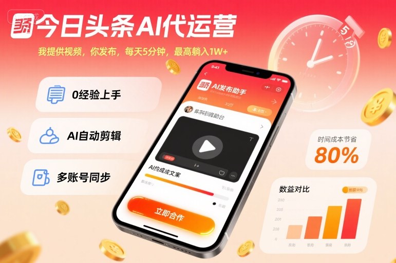 今日头条AI代运营,我提供视频,你发布,每天5分钟,最高躺入1W+【揭秘】-富爸爸项目圈