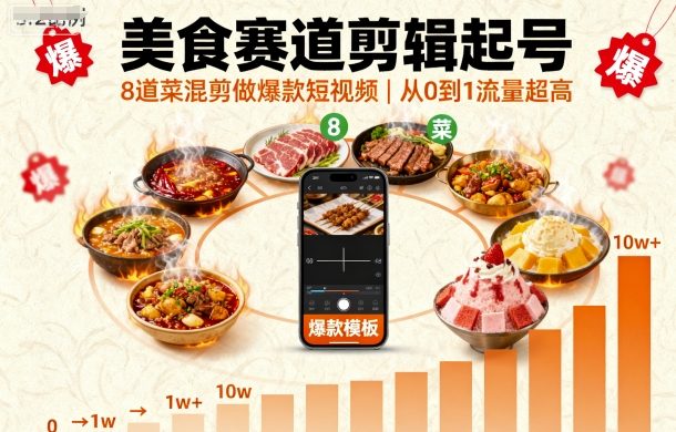 美食赛道剪辑起号,8道菜混剪做爆款短视频,从0到1,流量超高-富爸爸项目圈