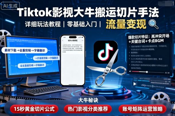Tiktok影视大牛搬运切片手法,详细玩法教程-富爸爸项目圈