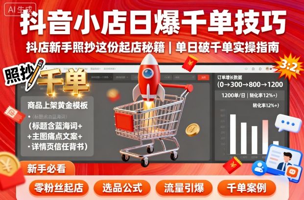 抖音小店日爆千单技巧,抖店新手照抄这份起店秘籍,单日破千单-富爸爸项目圈