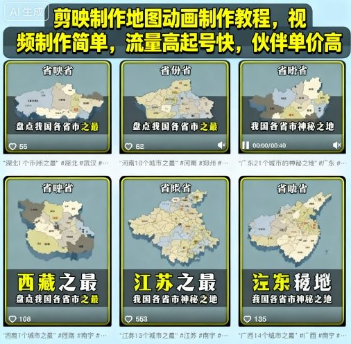 剪映制作地图动画制作教程,视频制作简单,流量高起号快,伙伴单价高-富爸爸项目圈