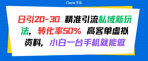 日引 20-30 精准引流私域新玩法,转化率50% 高客单虚拟资料,小白一台手机就能做-富爸爸项目圈