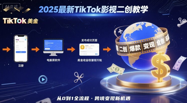 2025年最新TikTok影视二创教学,从注册到发布撸美金全流程,跨境变现新机遇-富爸爸项目圈