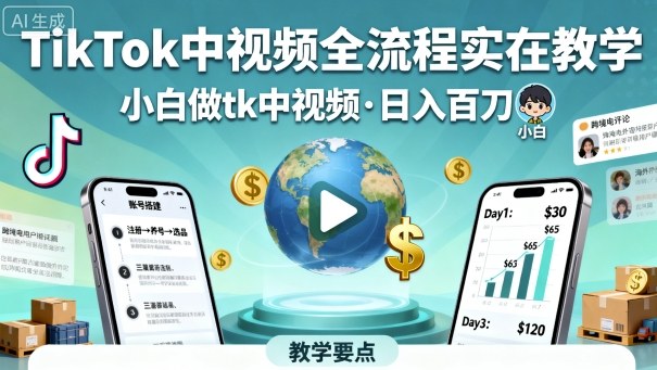 TikTok中视频全流程实操教学,小白做tk中视频,日入百刀-富爸爸项目圈