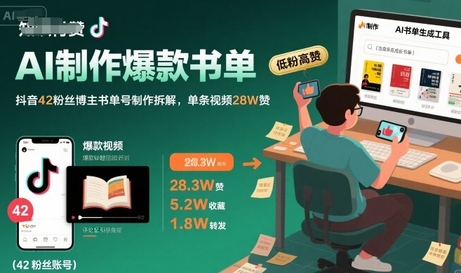 AI制作爆款书单,抖音42粉丝博主书单号制作拆解,单条视频28W赞-富爸爸项目圈