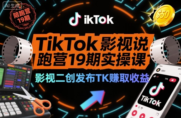 TikTok影视解说陪跑营19期实操课,影视二创发布TK賺取收益,万播收益50美金-富爸爸项目圈