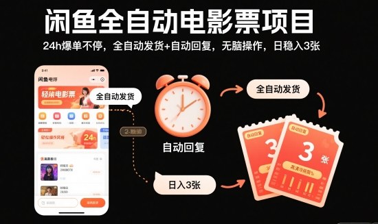 闲鱼全自动电影票项目,24h爆单不停,全自动发货+自动回复,无脑操作,日稳入3张【揭秘】-富爸爸项目圈