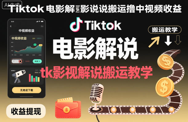 Tiktok电影解说搬运撸中视频收益,tk影视解说搬运教学-富爸爸项目圈