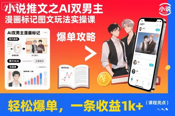 小说推文之AI双男主漫画标记图文玩法实操课,轻松爆单,一条收益1k+-富爸爸项目圈