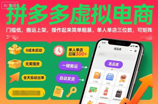 拼多多虚拟电商,门槛低,搬运上架,操作起来简单粗暴,单人单店三位数,可矩阵-富爸爸项目圈