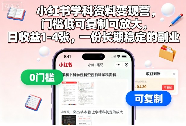 小红书学科资料变现营,门槛低可复制可放大,日收益1-4张,一份长期稳定的副业-富爸爸项目圈