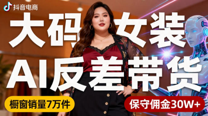 抖音小众赛道,大码女装AI反差带货,不用直播,每天6条作品,橱窗卖7万件,保守佣金30W+-富爸爸项目圈