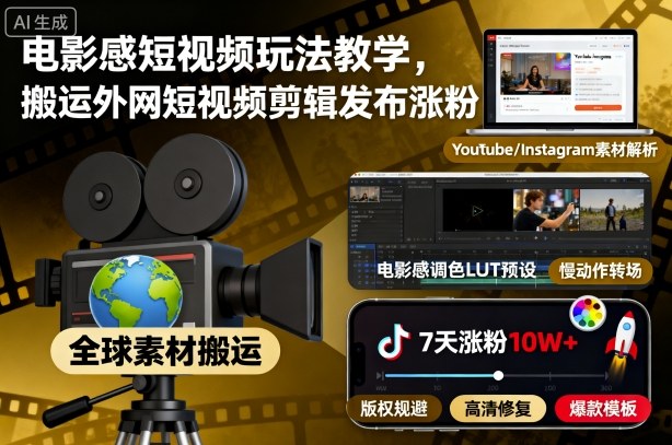 电影感短视频玩法教学,搬运外网短视频剪辑发布涨粉-富爸爸项目圈