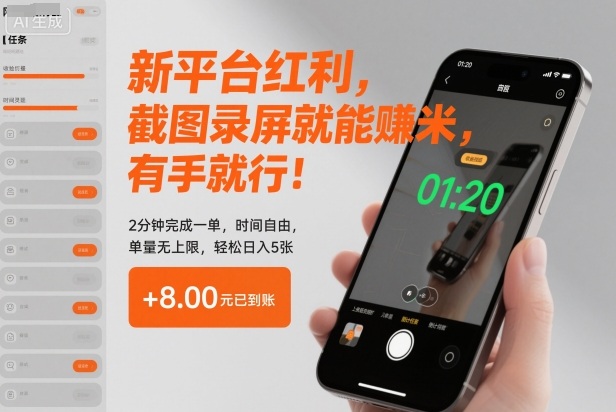 新平台红利,截图录屏就能賺米,有手就行!2分钟完成一单,时间自由,单量无上限,轻松日入5张【揭秘】-富爸爸项目圈