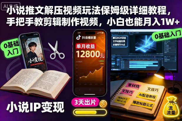 小说推文解压视频玩法保姆级详细教程,手把手教剪辑制作视频,小白也能月入1W+-富爸爸项目圈