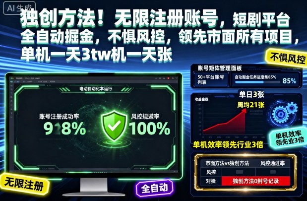 独创方法!无限注册账号,短剧平台全自动掘金,不惧风控,领先市面所有项目,单机一天3张【揭秘】-富爸爸项目圈