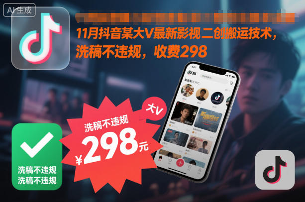 11月抖音某大V最新影视二创搬运技术,洗稿不违规,收费298-富爸爸项目圈