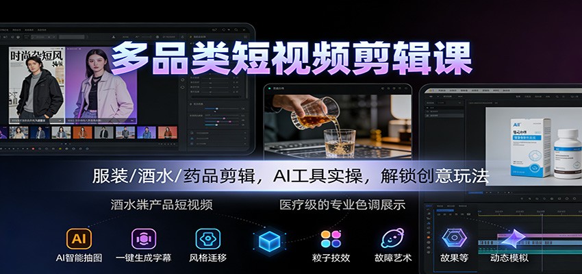 多品类短视频剪辑课:服装/酒水/药品剪辑,AI工具实操,解锁创意玩法-富爸爸项目圈