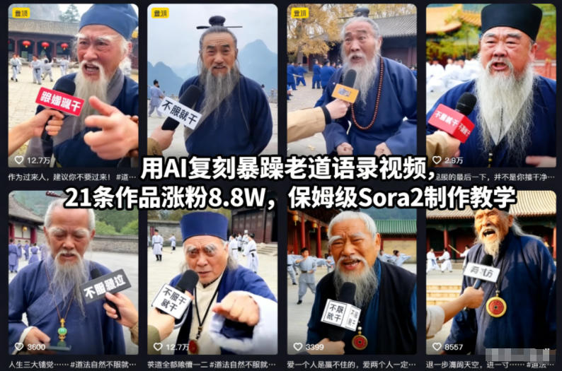 用AI复刻暴躁老道语录视频,21条作品涨粉8.8W,保姆级Sora2制作教学-富爸爸项目圈