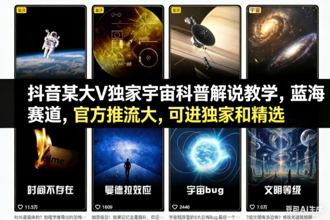 抖音某大V独家宇宙科普解说教学,蓝海赛道,官方推流大,可进独家和精选-富爸爸项目圈