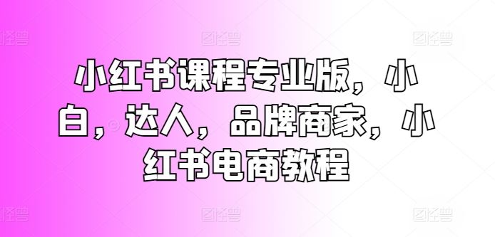 小红书课程专业版，小白，达人，品牌商家，小红书电商教程-富爸爸项目圈