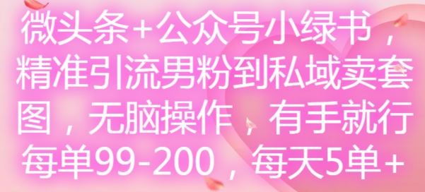 微头条+公众号小绿书，精准引流男粉到私域卖套图，无脑操作，有手就行，每单99-200，每天5单-富爸爸项目圈