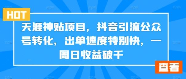天涯神贴项目，抖音引流公众号转化，出单速度特别快，一周日收益破千-富爸爸项目圈