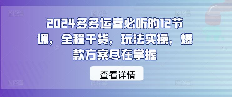 2024多多运营必听的12节课，全程干货，玩法实操，爆款方案尽在掌握-富爸爸项目圈