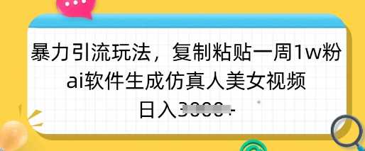 暴力引流玩法，复制粘贴一周1w粉，ai软件生成仿真人美女视频，日入多张-富爸爸项目圈