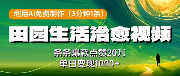 利用AI免费制作田园生活治愈视频，条条爆款点赞20W，单日变现几张-富爸爸项目圈