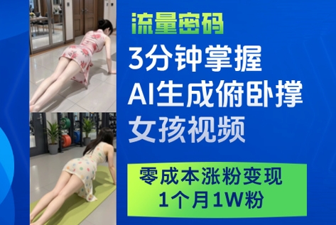 3分钟掌握AI生成俯卧撑女孩视频，零成本涨粉变现，1个月1W粉-富爸爸项目圈