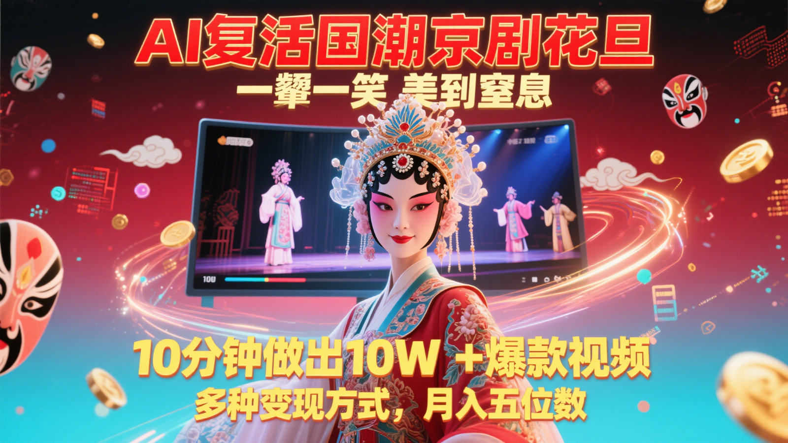 AI复活国潮京剧花旦，一颦一笑美到窒息，10分钟做出10W+爆款视频，多种变现方式-富爸爸项目圈