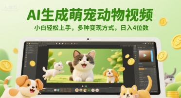 AI生成萌宠动物视频，小白轻松上手，多种变现方式，日入4位数-富爸爸项目圈