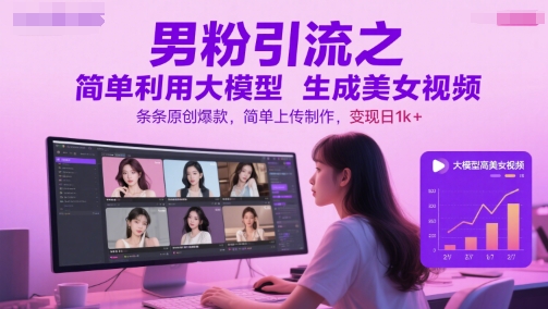 男粉引流之简单利用大模型生成美女视频，条条原创爆款，简单上传制作，变现日1k+-富爸爸项目圈
