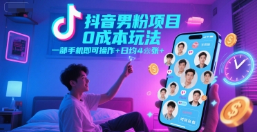 抖音男粉项目0成本玩法，一部手机即可操作，日均4张+，时间自由-富爸爸项目圈