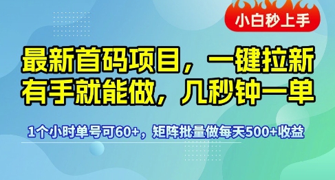 最新首码项目，一键拉新有手就能做，几秒钟一单，1个小时单号可60+，矩阵批量做每天5张【揭秘】-富爸爸项目圈