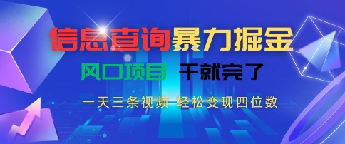 信息查询暴力掘金，一天三条视频，轻松变现四位数，风口项目干就完了【揭秘】-富爸爸项目圈