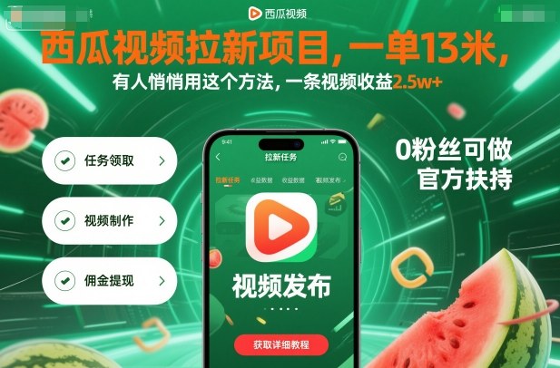 西瓜视频拉新项目，一单13米，有人悄悄用这个方法，一条视频收益2.5w+（附详细教程）-富爸爸项目圈