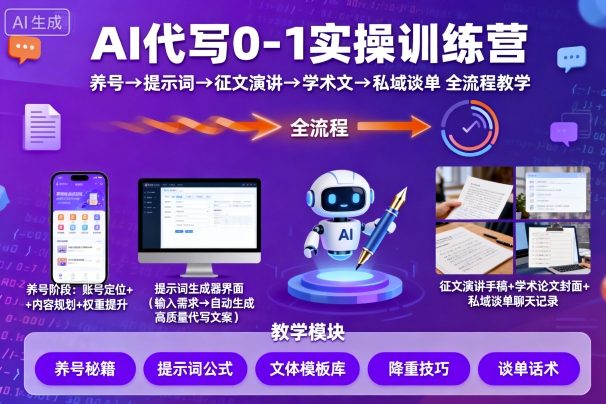 AI代写0-1实操训练营，从养号、提示词、征文演讲、学术文，到私域谈单的全流程教学-富爸爸项目圈