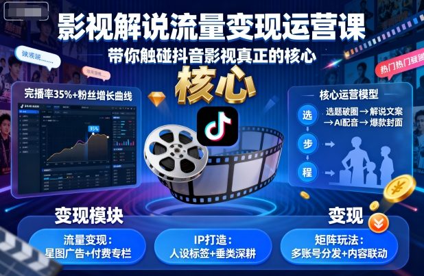 影视解说流量变现运营课，带你触碰抖音影视真正的核心-富爸爸项目圈