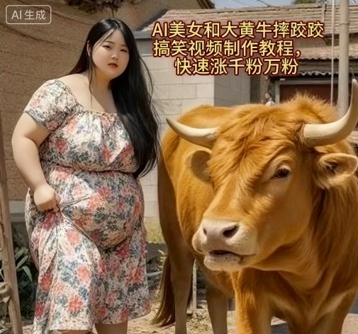 AI美女和大黄牛摔跤搞笑荒诞视频制作教程，快速涨千粉万粉-富爸爸项目圈