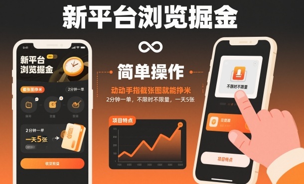 新平台浏览掘金，动动手指截张图就能挣米，2分钟一单，不限时不限量，一天5张【揭秘】-富爸爸项目圈