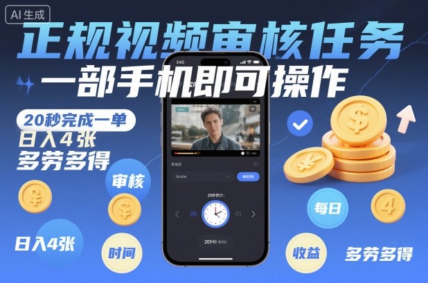 正规视频审核任务，一部手机即可操作，20秒完成一单，日入4张，多劳多得【揭秘】-富爸爸项目圈