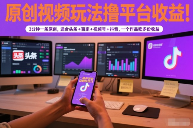 原创视频玩法撸平台收益，3分钟一条原创，适合头条+百家+视频号+抖音，一个作品吃多份收益-富爸爸项目圈